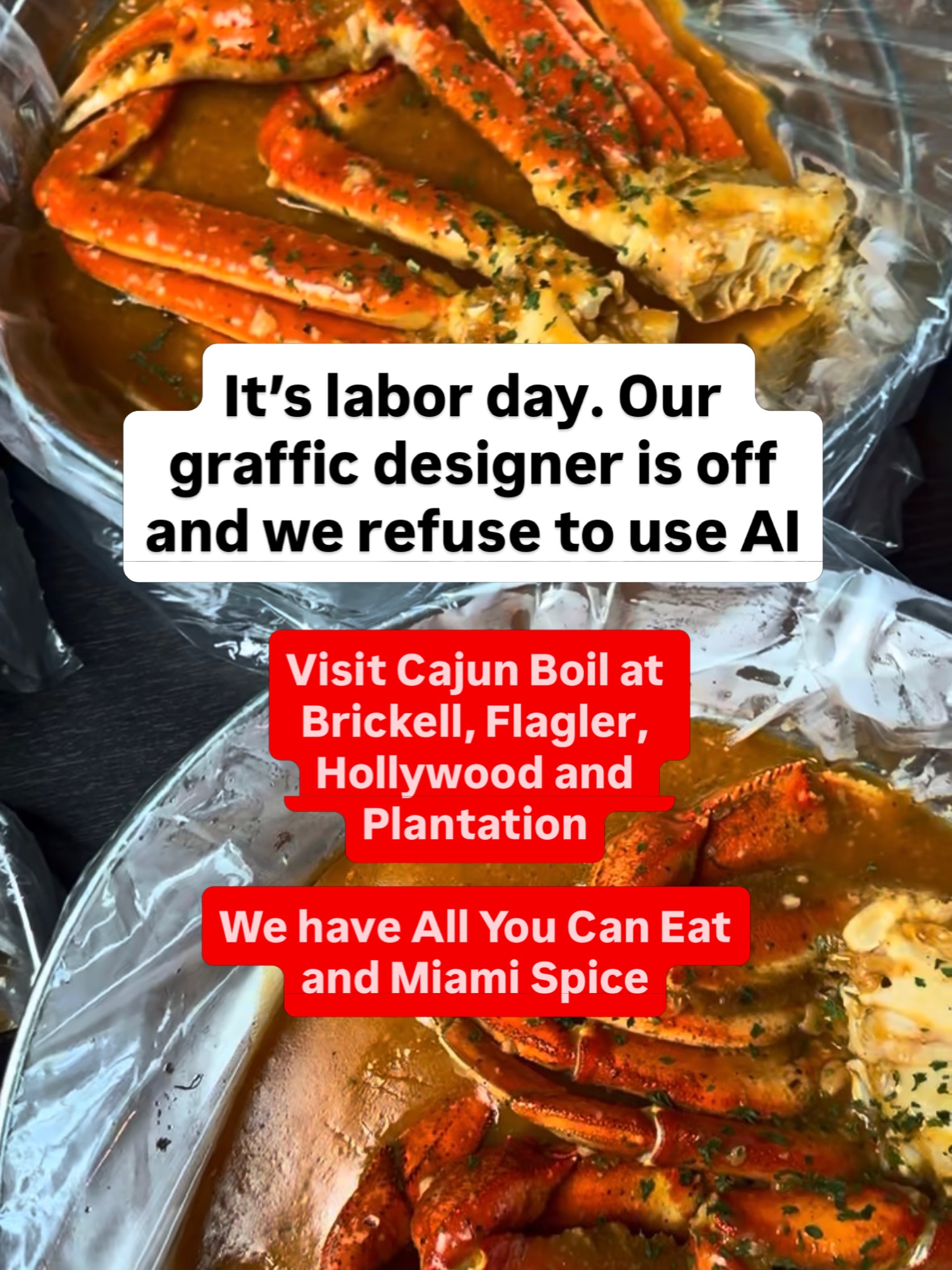 Best Seafood Restaurant in Miami 22 Less AI, more days off, more food🔥🦀 Enjoy All You Can Eat at Cajun Boil until 5PM. Miami Spice all day!